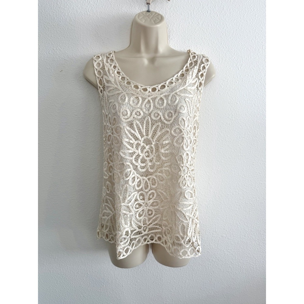 Vintage 100% Silk Hand Crocheted Beaded Tank Top Sz L Ivory Soulmates Fairy
